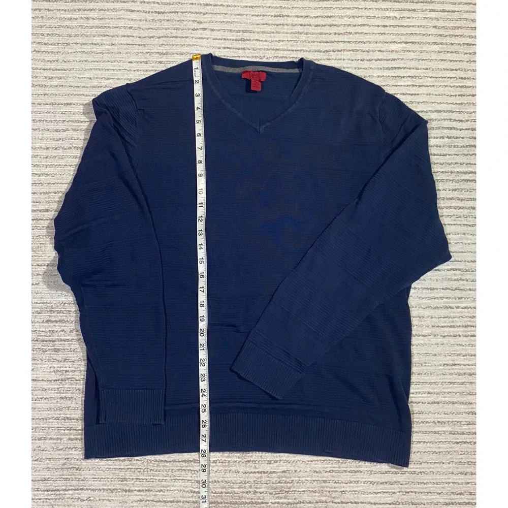 Alfani Mens XXL Slim Fit V-Neck Sweater Navy Blue Textured Knit Cotton Blend